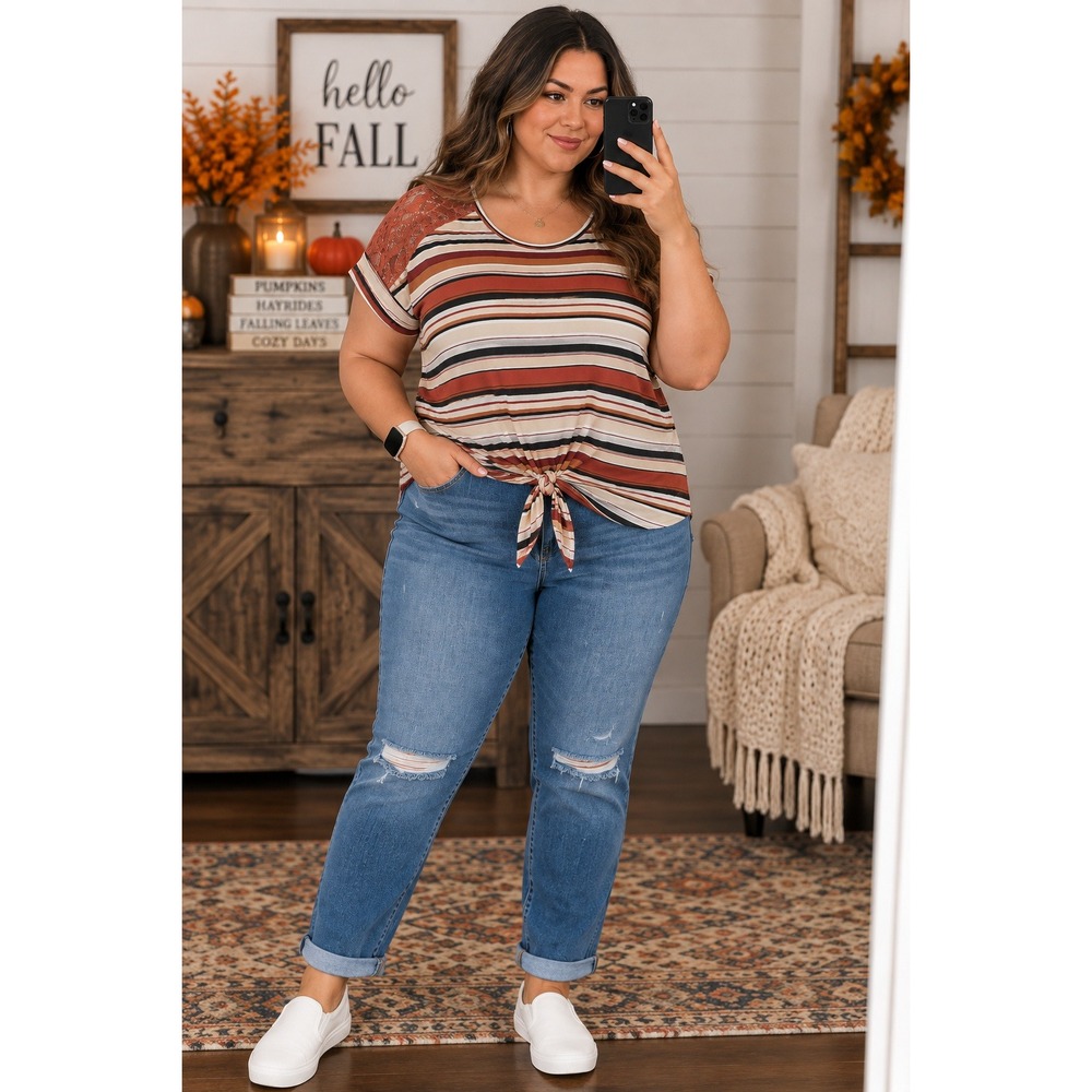 KRIS&KOLE Womens 3X Striped Lace Shoulder Tie Front Short Sleeve Top RK321349X